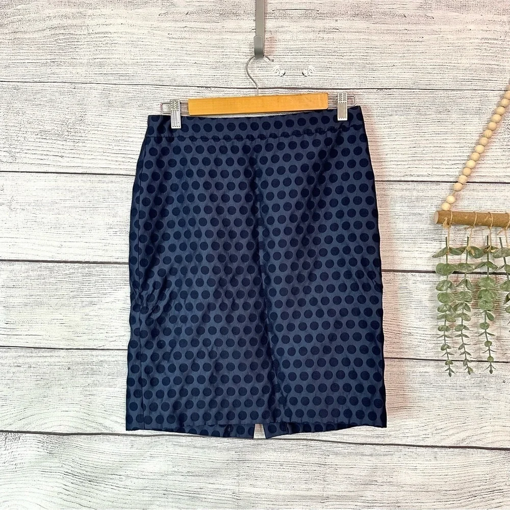 J. Crew Navy Blue Polka Dot Sheen Pencil Skirt Size 4 Business Dressy